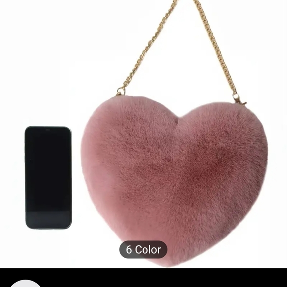Handbags - Fuzzy pink Soft Heart Handbag Purse Gold Chain Small New Shoulder Bag